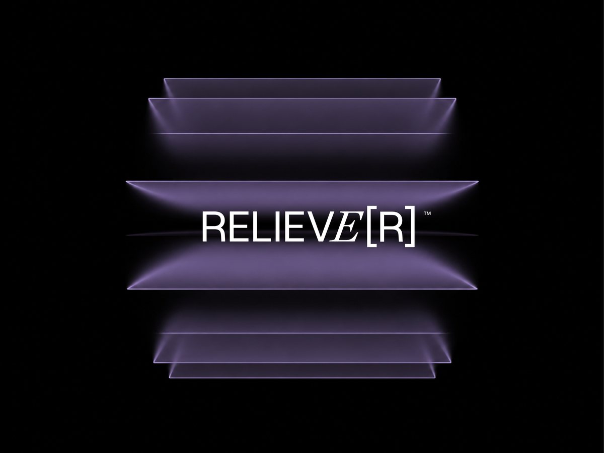The white RELIEVE[R] wordmark on the purple-prism ground: translucent Adoption-Purple blades over black