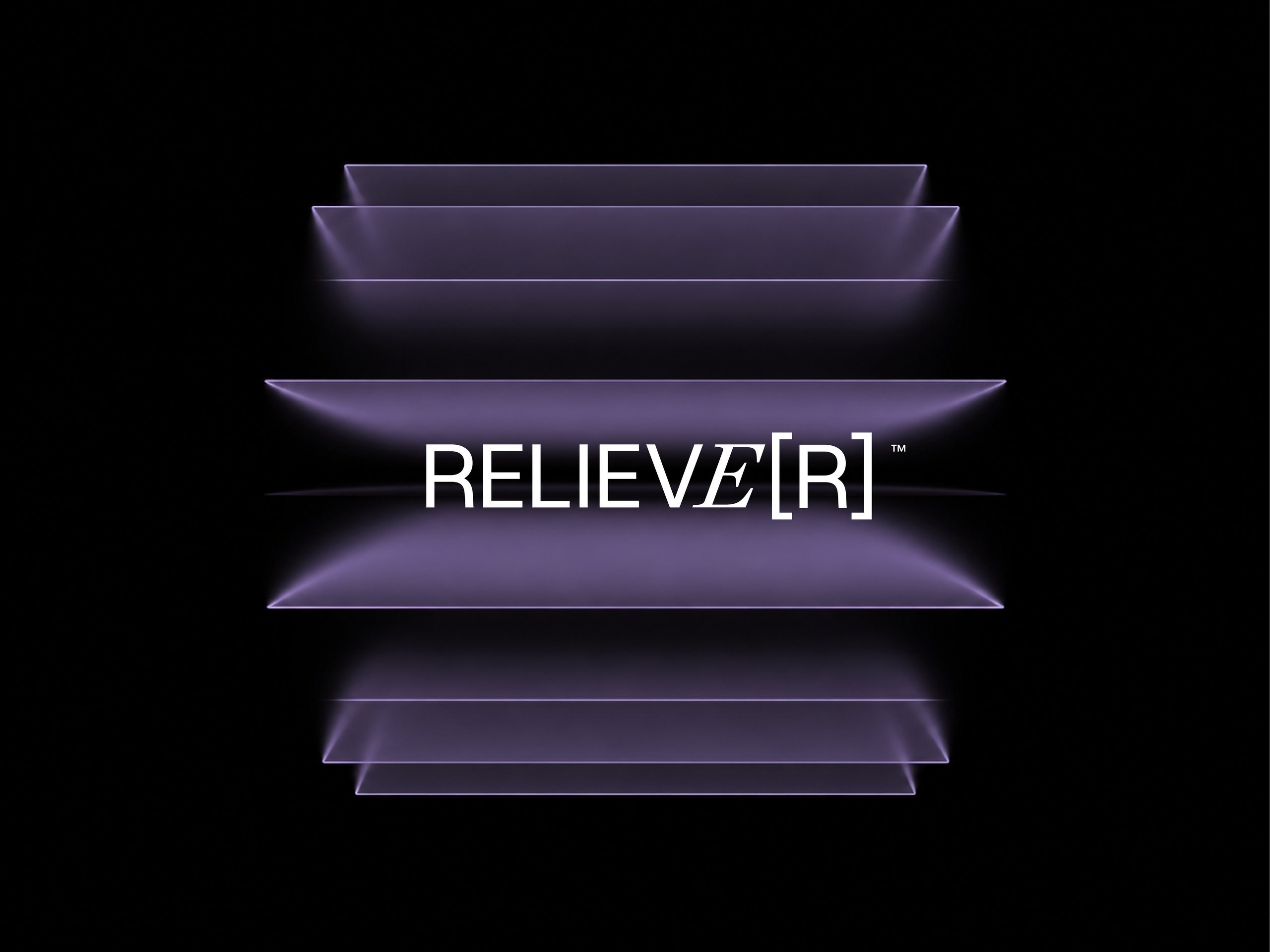 The white RELIEVE[R] wordmark centered on a deep black field crossed by translucent Adoption-Purple prism panels, stacked like blades of light