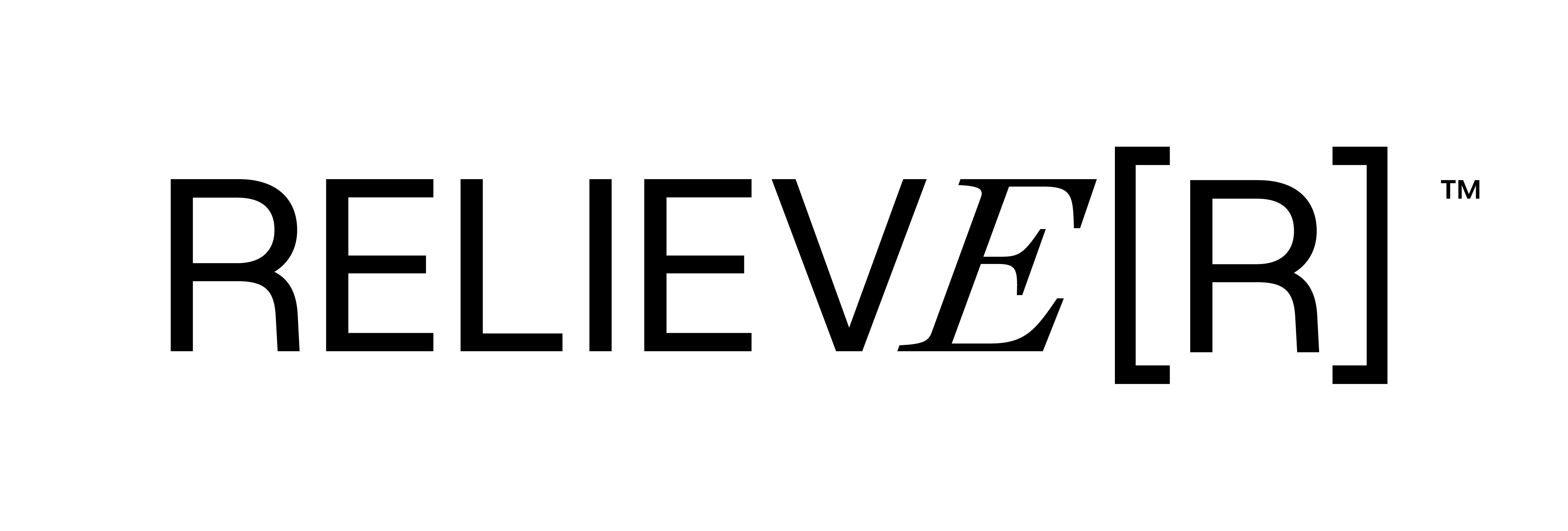 The RELIEVE[R] wordmark: geometric-grotesque capitals RELIEV, an italic serif expectation operator E, a bracketed R, and a small trademark